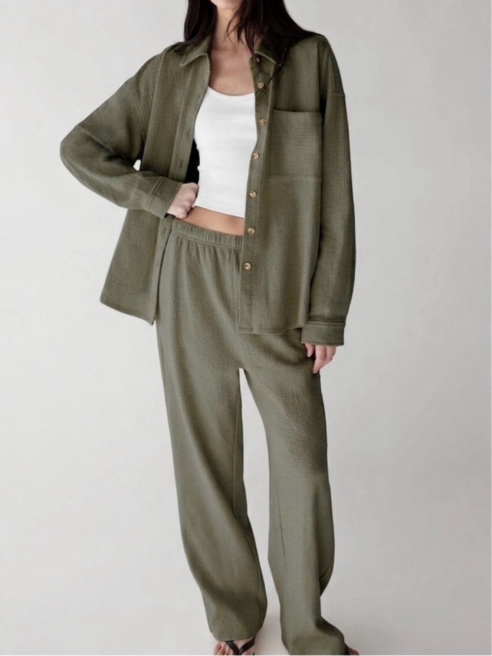 OAK + FORT Oak Fort Flannel Olive Green Button Up Blouse and Wide Leg Pants Set